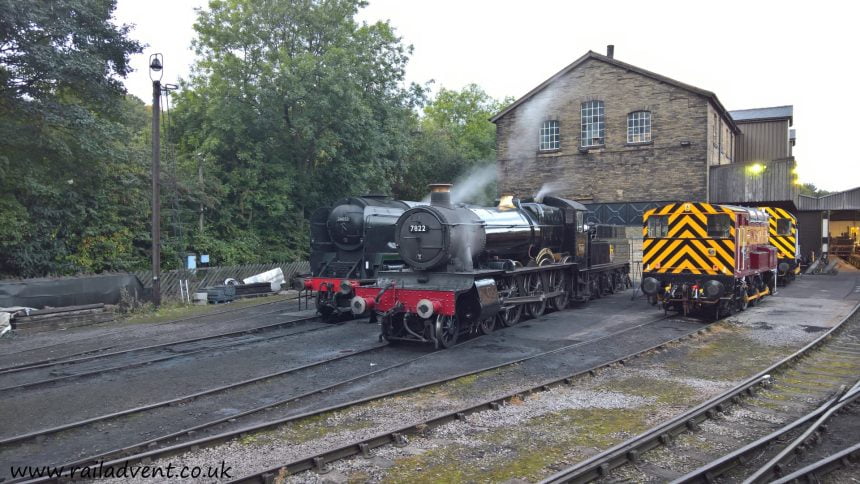 No. 7822 Foxcote Manor and 34053 Sir Keith Park stand at Haworth Sheds on the Keighley & Worth Valley Railway at the Autumn Steam Gala