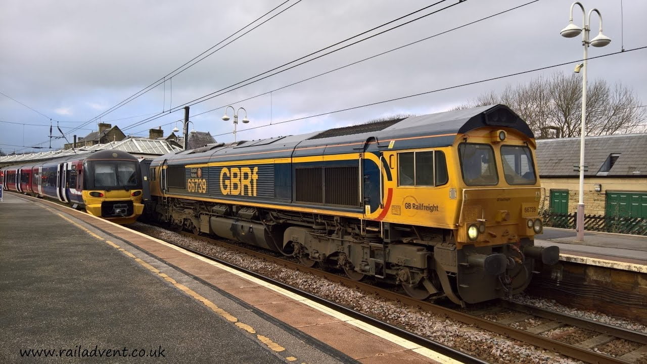 66739 hauls a freight train through Skipton on 15th February 2017