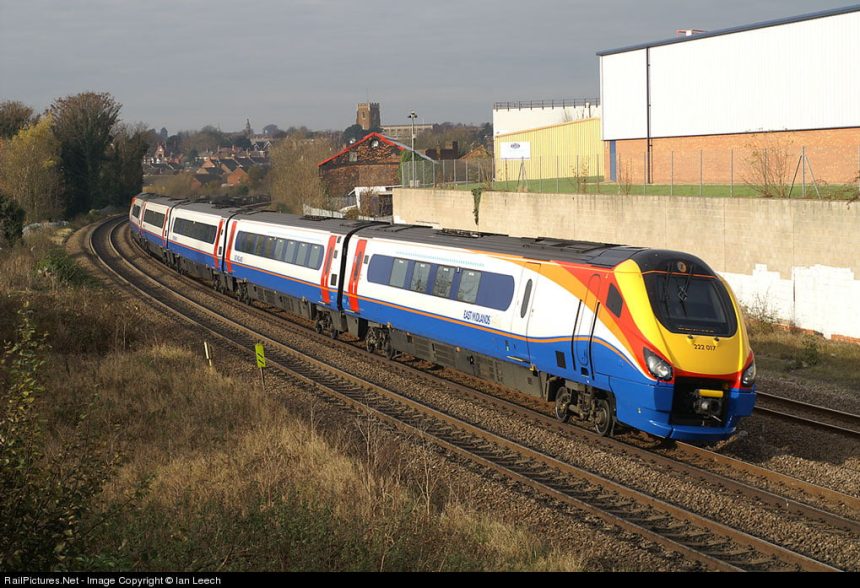 An East Midlands Trains Class 222 works a service towards London St Pancras