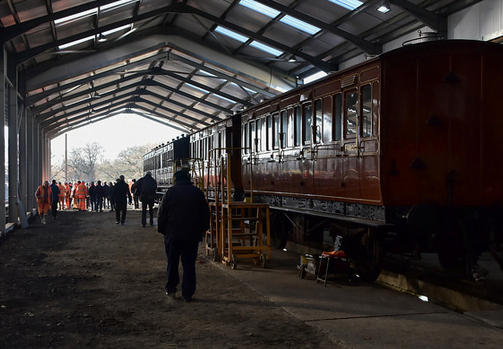 Carriages move into the new shed at the bluebell railway