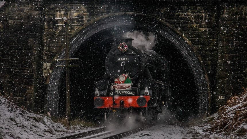 44871 bursts out of Mytholmes Tunnel on the Keighley and Worth Valley Railway