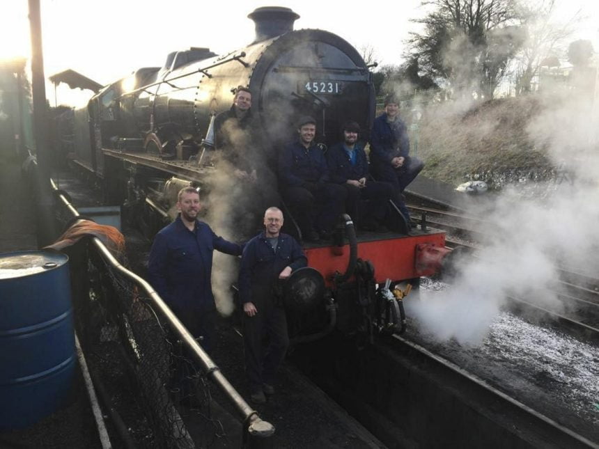 Staff take a well deserved break and picture with repaired 45231 // Mid Hants Railway The Watercress Line FB Page