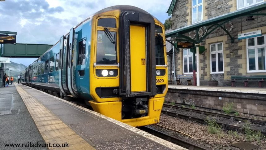 Arriva Trains Wales 158829 stands at Machynlleth with a service for Aberystwyth
