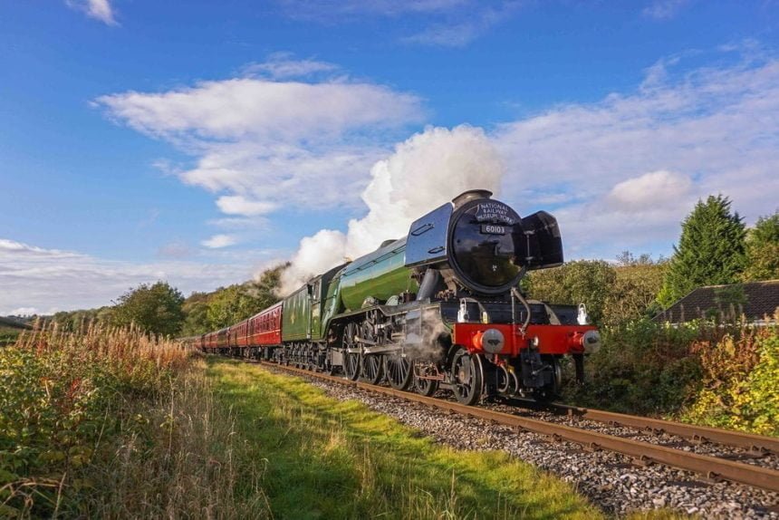 Flying Scotsman approaches Irwell Vale on the East Lancs Railway