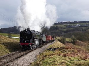 Oliver Cromwell passes 'The Mound' near Oakworth on a 30742 Charter
