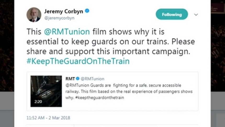 Jeremy Corbyn tweets in favour of RMT