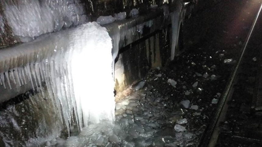 Network rail clear giant icicles out of Kilsby tunnel