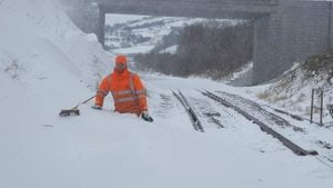 Machynlleth team clearing snow on the Cambrian Line