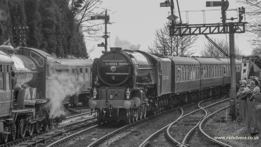Tornado passes No. 8572 at Bridgnorth on the Severn Valley Railway