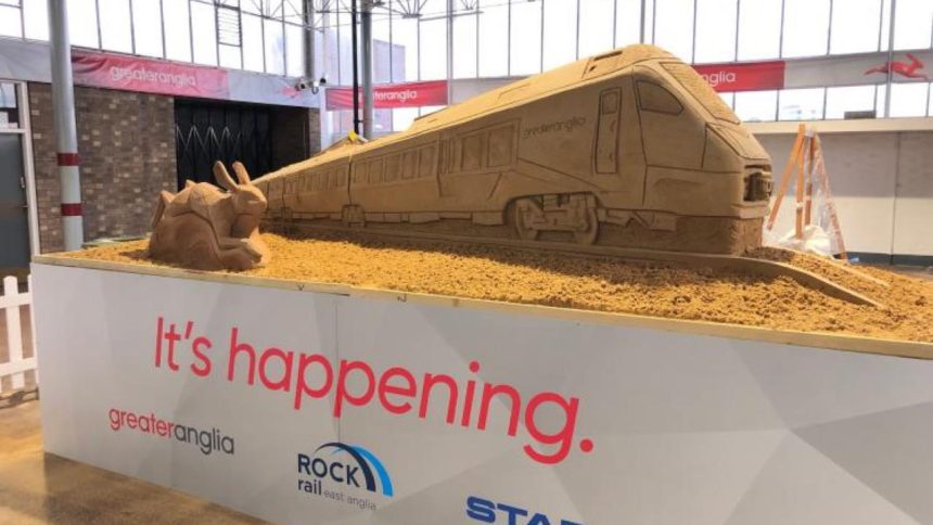 Sand sculpture of new Greater Anglia train