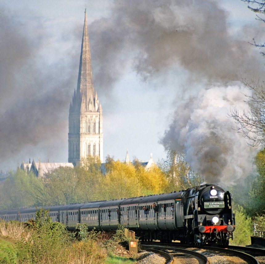 35005 "Canadian Pacific" leaves Salisbury bound for Yeovil Jn with a Cathedrals Express crew-training run. April 2001