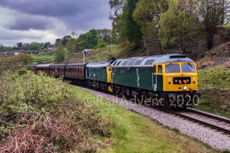 47727 and 25059 depart Oakworth - Keighley and Worth Valley Railway