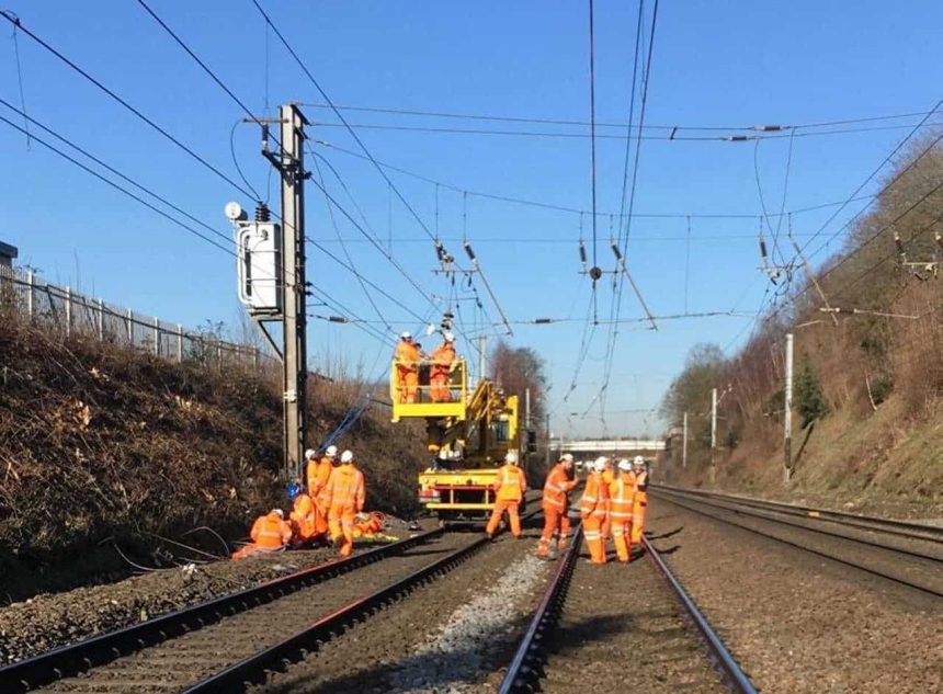 London - Bedford railway repairs after damage to overhead electric works