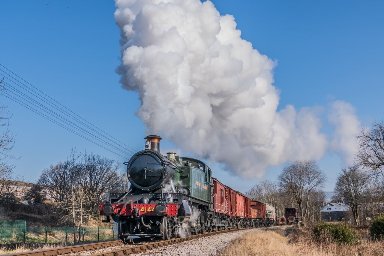GWR Prairie 4144 approaches Damems on the Keighley and Worth Valley Railway