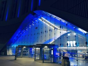 Dundee station lit up blue in support of NHS