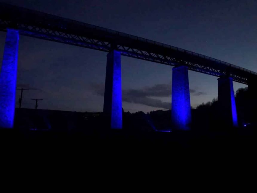 Findhorn viaduct lit blue
