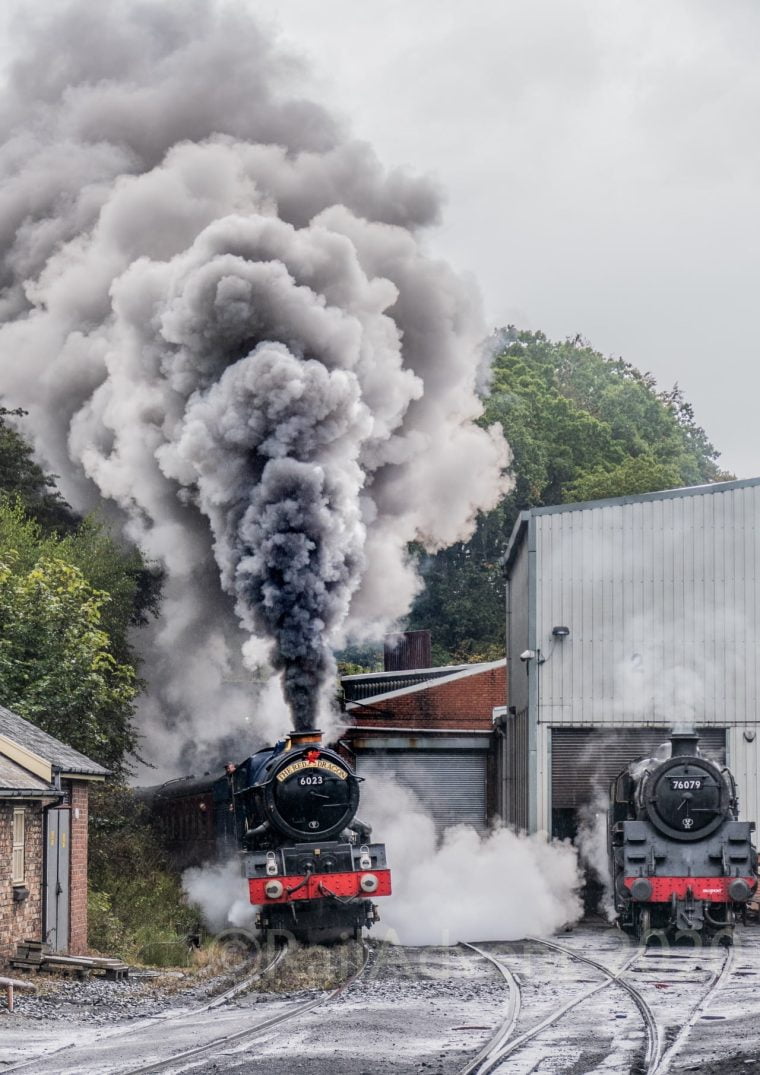 Steam Loco 6023 King Edward II passes 76079 at Grosmont MPD - North Yorkshire Moors Railway