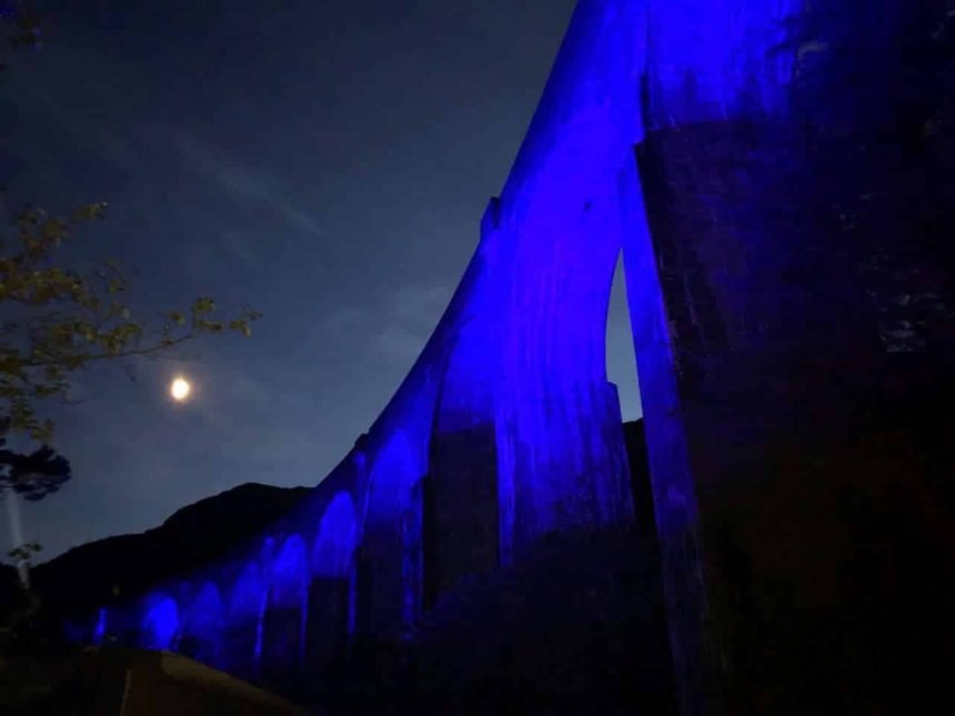 Glenfinnan Viaduct used in Harry Potter Films Lit up in blue for NHS
