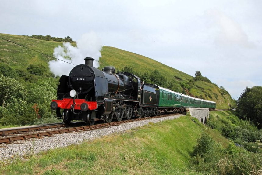 31806 near Corfe Castle on the Swanage Railway