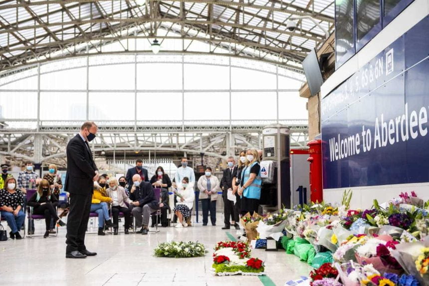 Alex Hynes, Managing Director, Scotland’s Railway lays at wreath at Aberdeen station as the railway remembers those who lost their lives in the Stonehaven derailment