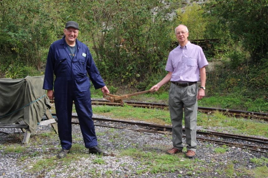 John Stanton, joint head of the Museum’s railway volunteer group, accepts the missing expansion link from Peter Heather
