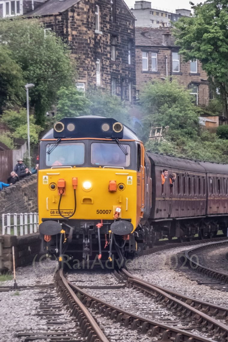 BR Class 50 No. 50007 arrives into Keighley on the Keighley and Worth Valley Railway