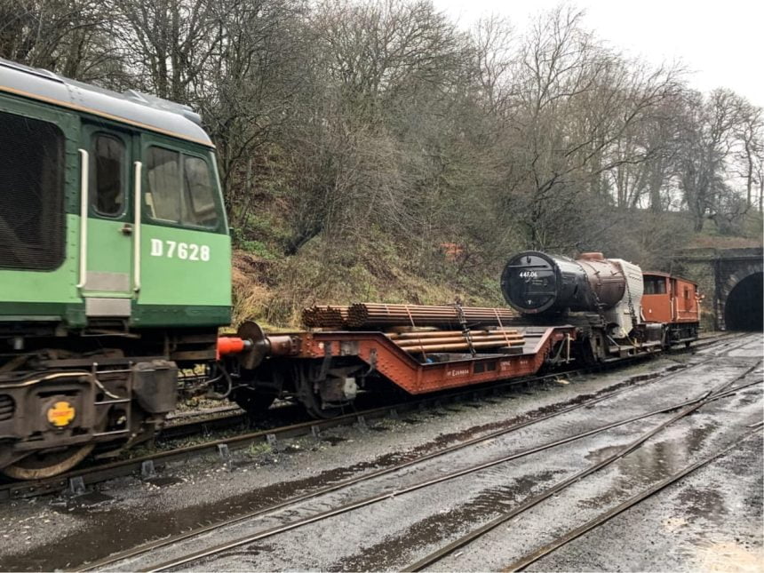 Boiler for 44806 leaves Grosmont on the North Yorkshire Moors Railway