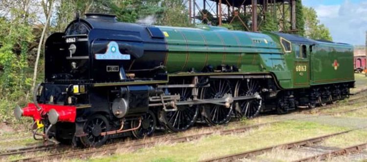 Tornado, reunited with its nameplates, shines in the sunshine at Carnforth.  –Richard Pearson