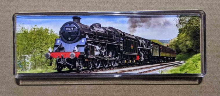 Panoramic fridge magnet with 75078 and 5820 on the Keighley and Worth Valley Railway
