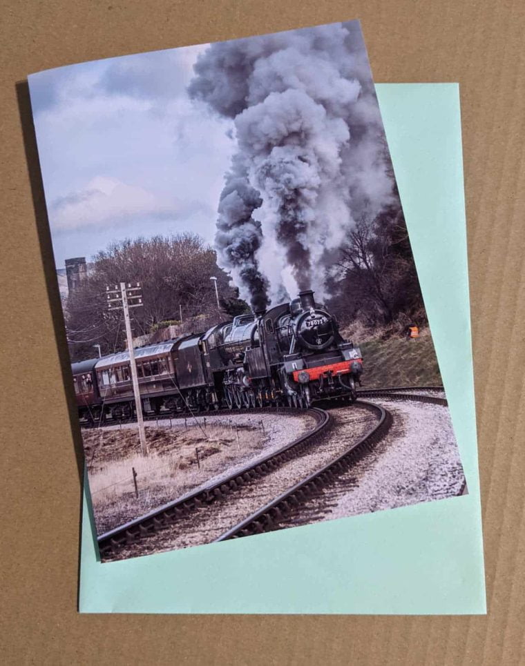 Greetings card featuring steam locomotive 78022 and 45596 Bahamas on the Keighley and Worth Valley Railway