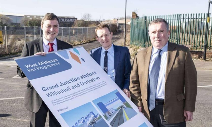 Cllr John Reynolds, City of Wolverhampton Council, Mayor of the West Midlands Andy Street and cllr Adrian Andrew, Walsall Council unveiled the plans at the Darlaston station site in 2019