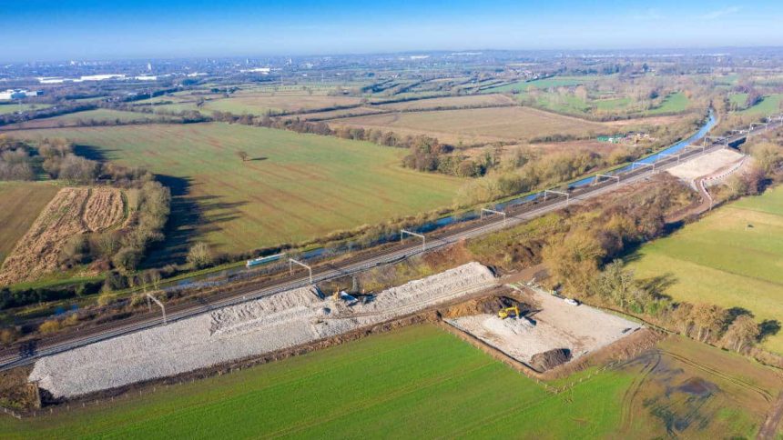 Full wide shot of 1km stretch of railway being strengthened at Hopsford Hall Spring 2021