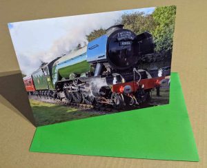 Greetings card featuring steam locomotive 60103 Flying Scotsman on the East Lancashire Railway