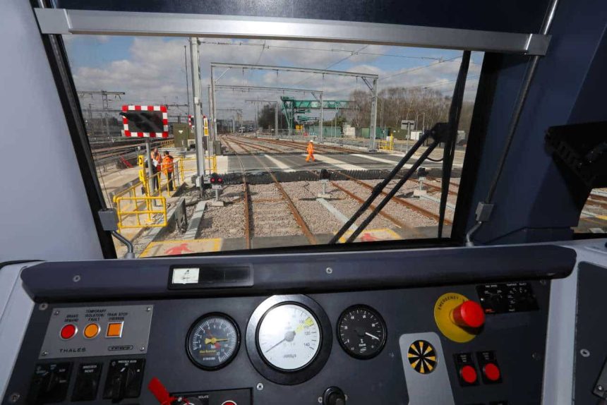 Brent Cross West March 2021 lxxxvi View from cab of train parked in new sidings