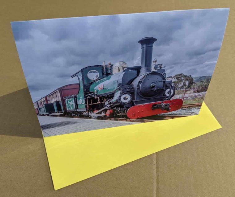 Greetings card featuring Linda on the Ffestiniog Railway