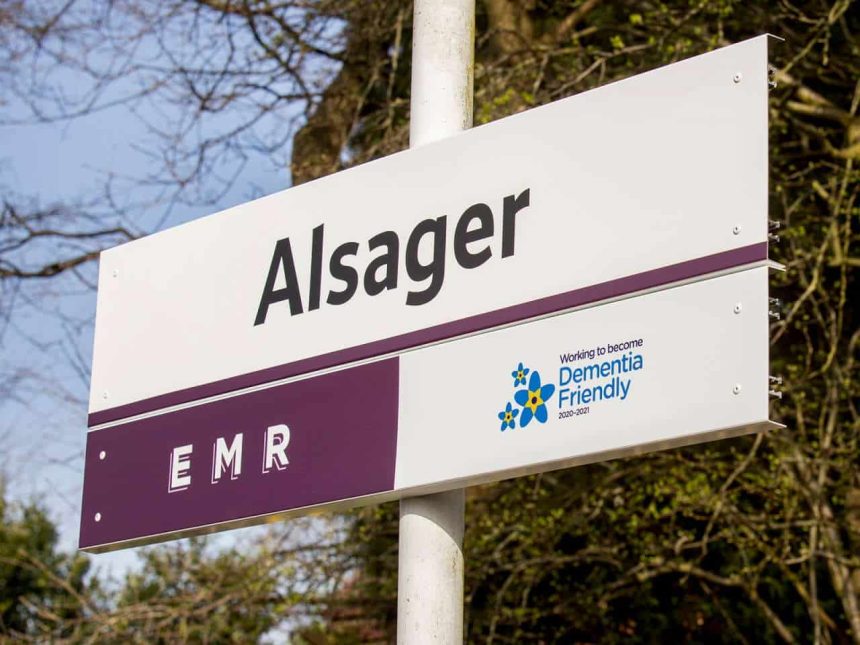 platform sign Alsager railway station, dementia friendly