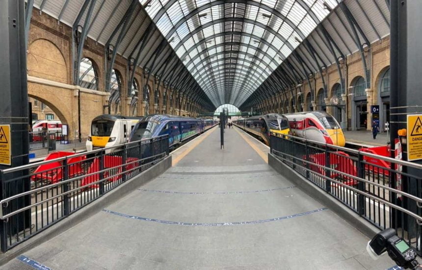 Trains on the new King's Cross platforms (l-r) Thameslink, Hull Trains, Grand Central and LNER.