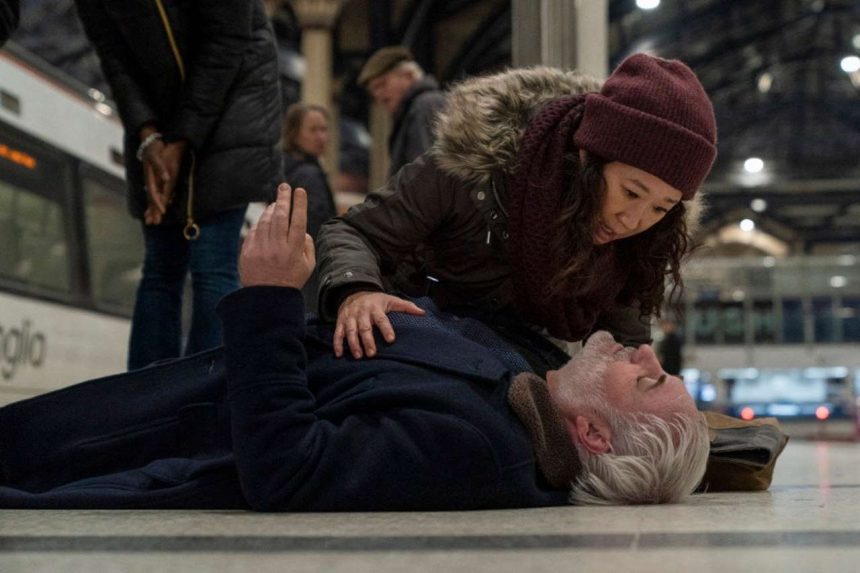eve (sandra oh) and konstantin (kim bodnia) at liverpool st beside a greater anglia train from killing eve min