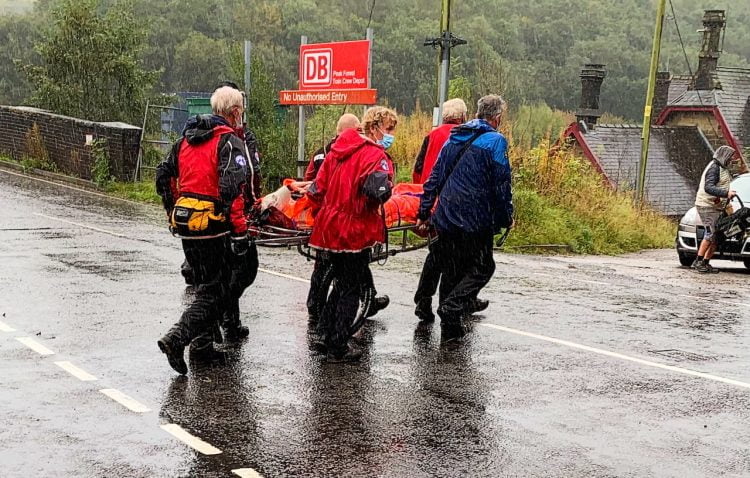 Buxton Mountain Rescue carry Denis for medical checks