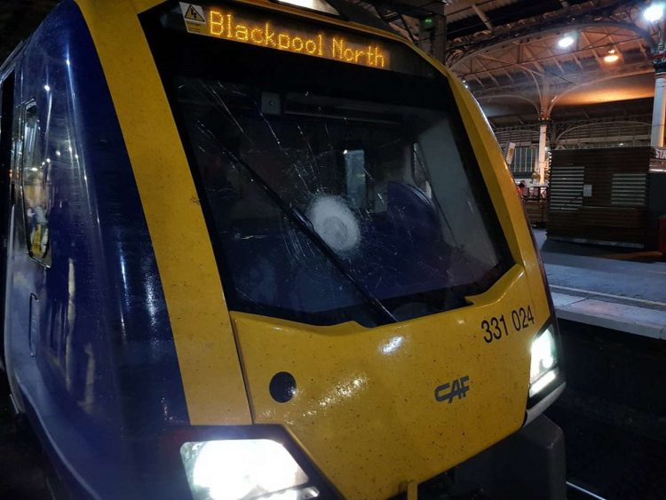 Blackpool train at Preston with smashed windscreen