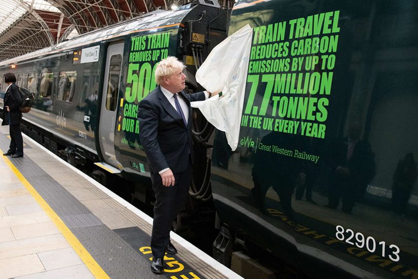 Boris Johnson at Paddington Station for new decals being applied to a Great Western Railway hybrid electric train, London, 15th October 2021