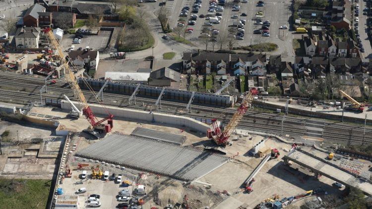 Aerial shot showing precast concrete girders in place for Bletchley flyover rebuild