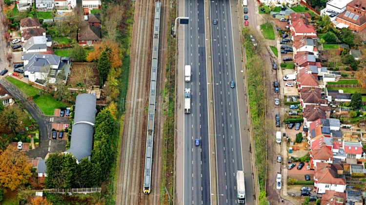 Aerial view of the Midland main line beside the M1 - Credit_ Network Rail Air Operations