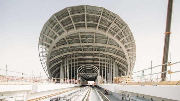 Infrastructure activities led by Alstom, close to one of the new passenger stations of the Route 2020 metro project, Dubai, UAE.