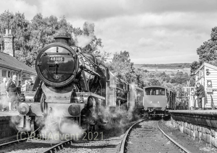 48305 and 5428 stand at Grosmont, North Yorkshire Moors Railway