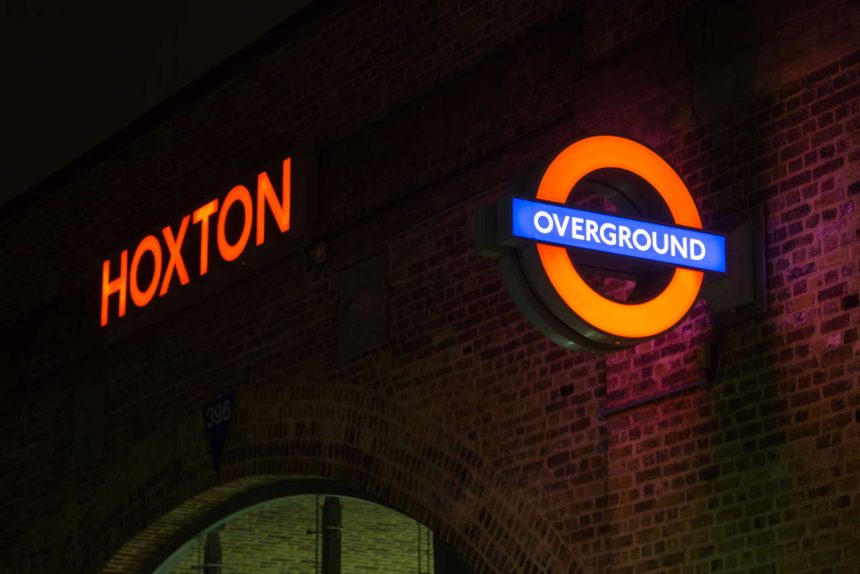 Entrance of Hoxton Overground station at night