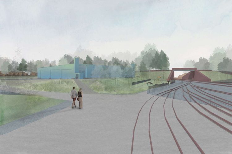 Proposed view of new collection building at Locomotion AOC