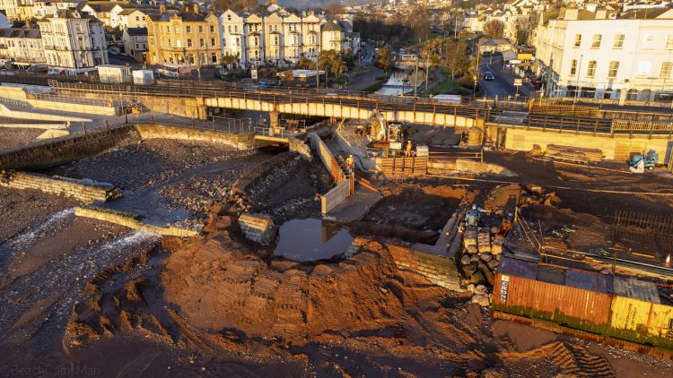 Efforts to temporarily divert the Dawlish river water as part of work on the new stilling basin is ongoing