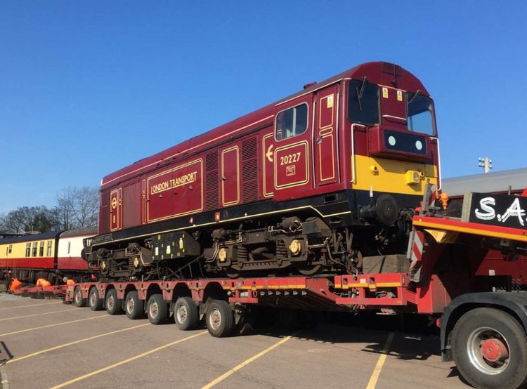 • Locomotive 20227 “Sherlock Holmes” being unloaded from the lorry that returned it to Sheringham