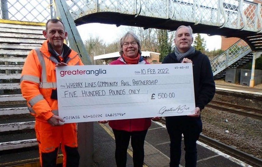 From left; Phil Hogg Greater Anglia, Ann Thompson Station Adopter, Martin Halliday Community Rail Development Officer